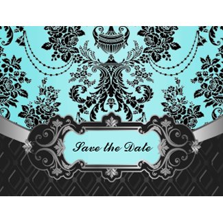 Black Damask Blue Wedding Save the Dates postcard